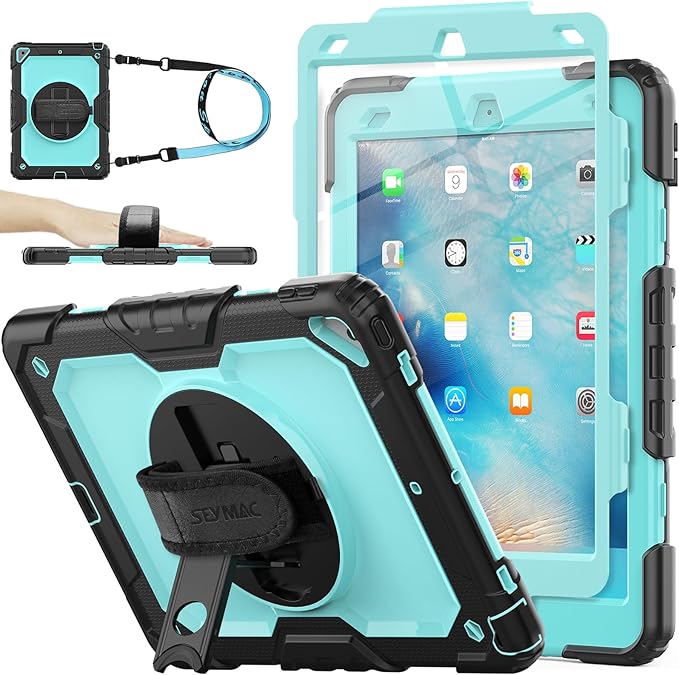 SEYMAC stock Case for iPad Air 3 2019 / Pro 10.5'' with Screen Protector Pen Holder [360° Rotate Hand Strap/Stand], Drop-Proof Case (Brightblue+Black)
