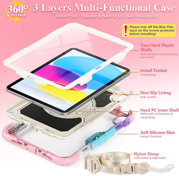SEYMAC stock Case for iPad (A16) 11th/10th Generation 11''/10.9'' 2025/2022, Full-Body Drop Protection Case with Screen Protector &360° Rotate Hand Strap/Stand, Yellowish+Pink