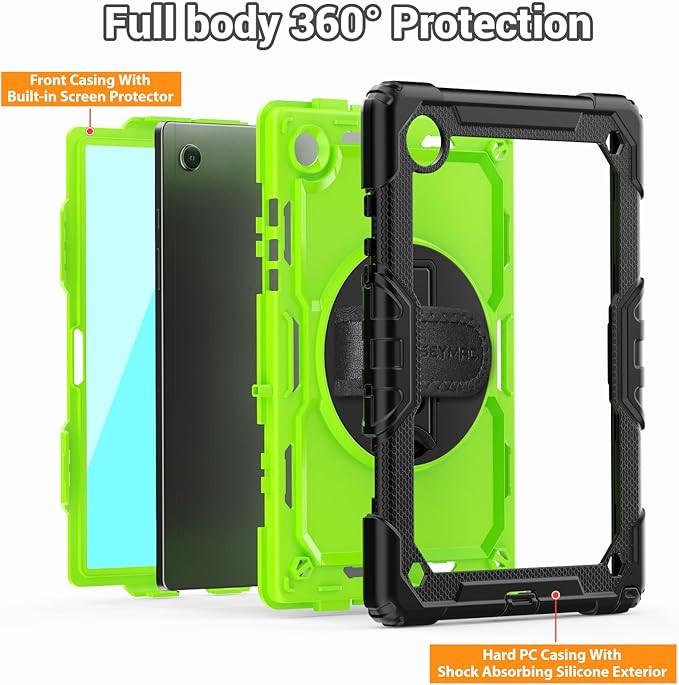 SEYMAC for Samsung Galaxy Tab A8 Case 10.5 Inch (SM-X200/ X205/ X207), Heavy Duty Full-Body Shockproof Protective Case with Screen Protector, Rotating Stand, Hand/Shoulder Strap and Pen Holder, Green