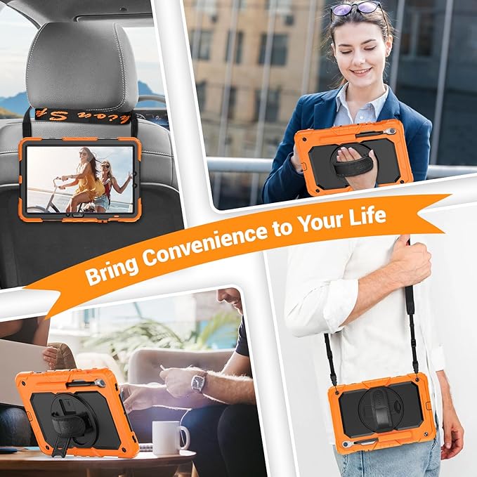 SEYMAC Case for Samsung Galaxy Tab S10 Lite/ S10 FE/ S9 FE/ S9 5G (10.9''/11''), Heavy Duty Shockproof Protective Case with Screen Protector, Rotating Stand, Hand Strap and Pen Holder, Orange
