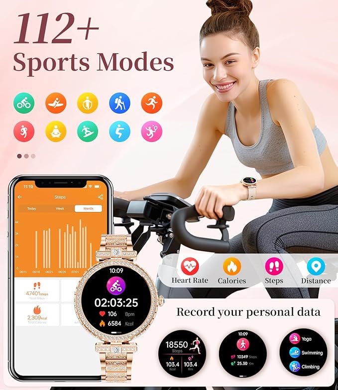 Diamond Smart Watch for Women(Buletooth Call), 1.19" AMOLED HD Display, 100+ Sports Mode Fitness Tracker Watch, 5ATM Waterproof/Pedometer/Sleep Smartwatch Women, iOS Android Smart Watches