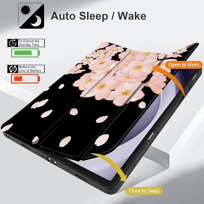 MEEgoodo Case for Samsung Galaxy Tab A9 Plus 11 inch Cover 2024 2023 with S Pen Holder,A9+ Smart Tablet Cases with Leather Trifold Stand+Soft TPU Back Shell+Smart Auto Wake/Sleep,Beautiful Cherry Tree