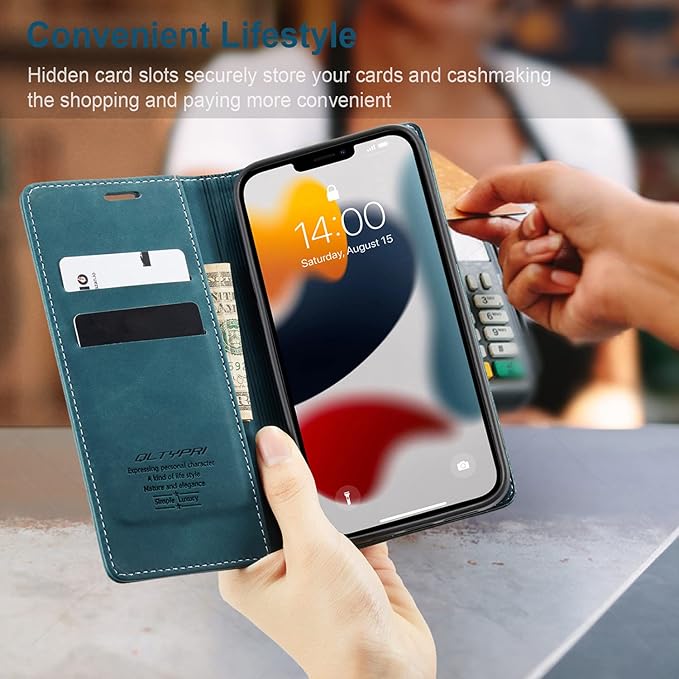 QLTYPRI Case for iPhone 14, Vintage PU Leather Wallet Case Card Slot Kickstand Magnetic Closure Shockproof Flip Folio Book Case Cover for iPhone 14(6.1 inch) - Blue