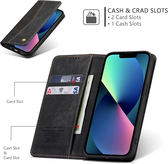 QLTYPRI Case for iPhone 14, Vintage PU Leather Wallet Case Card Slot Kickstand Magnetic Closure Shockproof Flip Folio Book Case Cover for iPhone 14(6.1 inch) - Retro Black