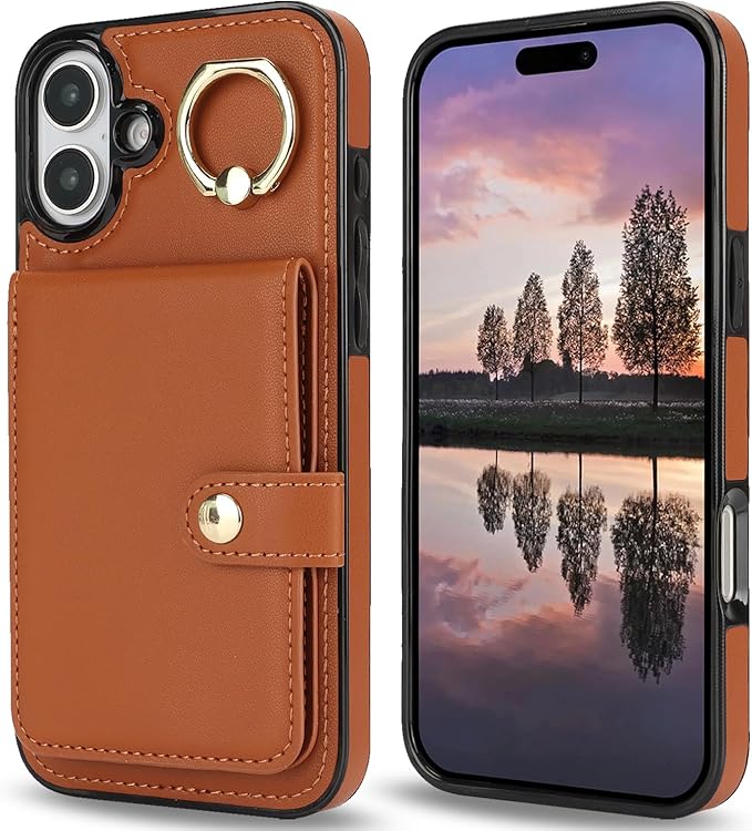 Compatible iPhone 16 Plus Wallet Case with Card Holder RFID Blocking PU Leather Doubles as a Wallet Unisex Flip Shockproof Protection with Card Slots Ring Wrist Kickstand Function,Brown