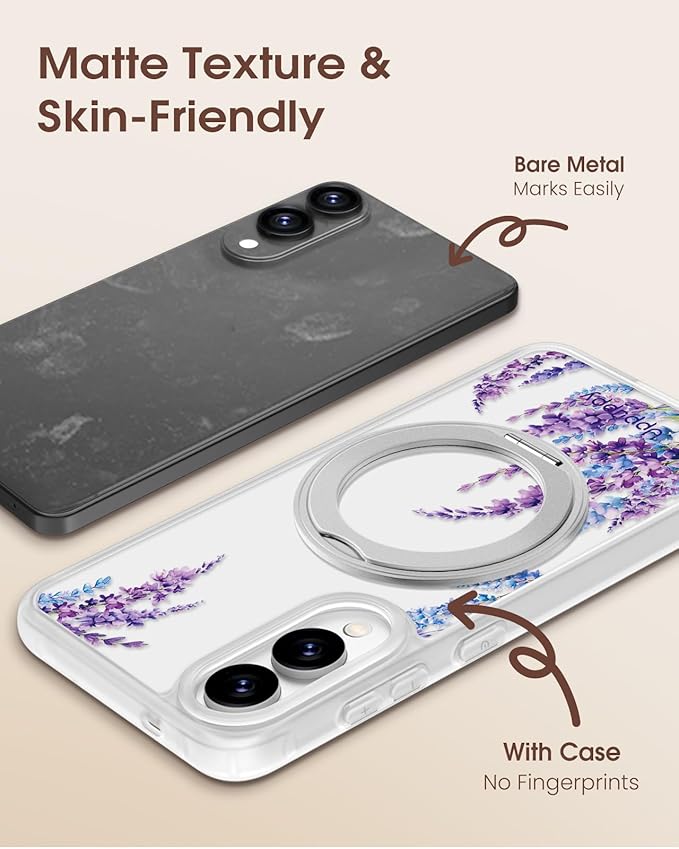 for Samsung Galaxy S25 Edge Case with 360° Rotatable Magnetic Ring - Compatible with MagSafe, Semi-Transparent Soft-Touch Material Shockproof, Cute Purple Floral Design for Women Girl