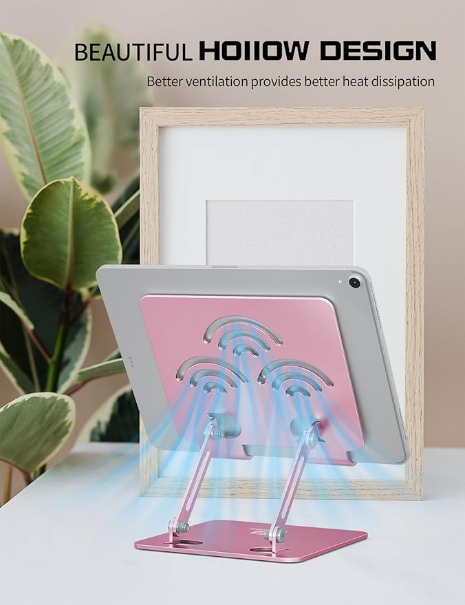 Adjustable Tablet Stand for Desk, Premium Aluminum Holder for iPads, Tablets, Kindles, Switch, Phones, and All Devices up to 12 Inches. Portable and Foldable, Pink, Pro Size