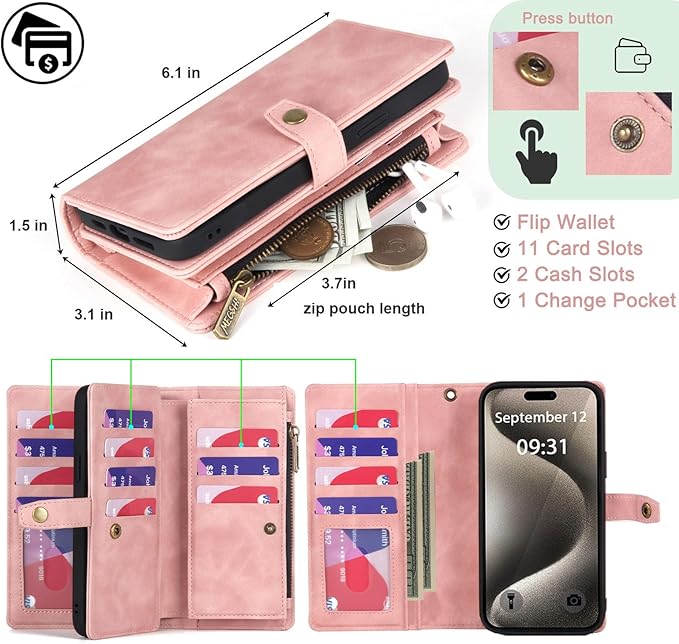 TwoHead Wallet Case Compatible with iPhone 15 Pro,Detachable Magnetic Phone Case,All-Round Protective Leather Phone Case with Card Holder,6.1",Pink