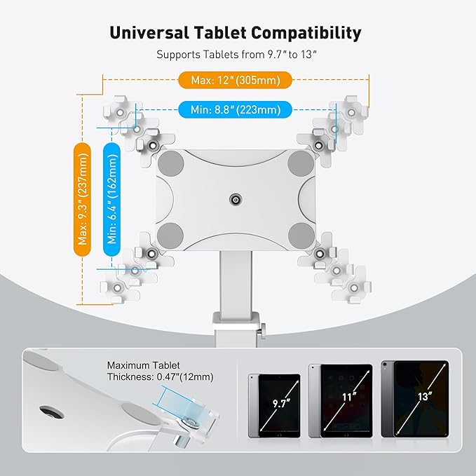AboveTEK iPad Desk Grommet Mount, Adjustable Tablet Desk Mount with 360° Rotation & 180° Tilt, Fits 9.7"-13" Tablets, Anti-Theft iPad Stand, Heavy-Duty Aluminum Tablet Stand, Perfect for Work (Silver)
