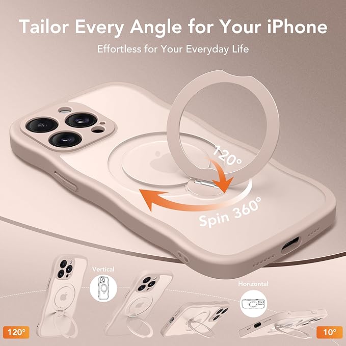 for iPhone 15 Pro Case,[Compatible with Magsafe][360°Magnetic Stand][Cute Wave Edge][18ft Military-Grade Protection] Translucent Matte Phone Women Case for iPhone 15 Pro, Rose Gold
