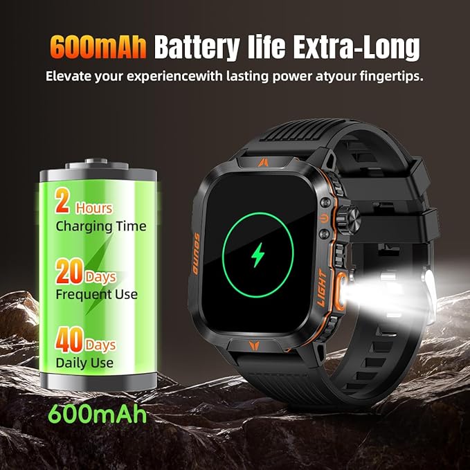 Military Smartwatch for Men, LED Flashlight Bluetooth Call IP68 Waterproof Heart Rate Blood Oxygen Sleep Tracker Fitness Pedometer Android/iOS Compatible - Ideal for Hunting Hiking Extreme Sports