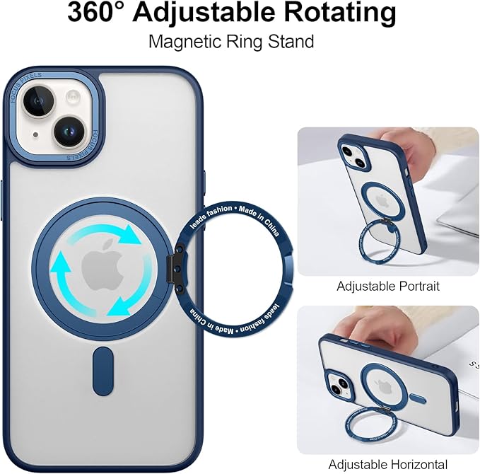 ZIYE Magnetic Case for iPhone 14 Plus Case with Stand [Compatible with MagSafe] Slim Shockproof Military Grade Heavy Duty Cover with 360 Rotatable Ring Kickstand for Women Men, Translucent Blue