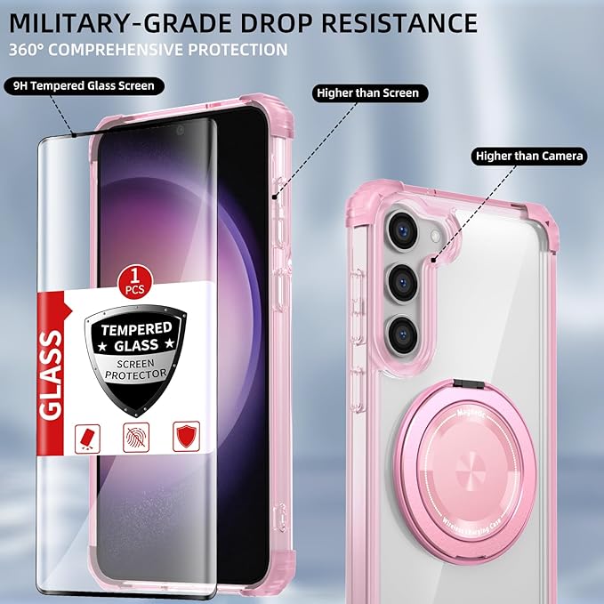for Samsung Galaxy S23 Plus Case Magnetic Compatible with MagSafe Wireless Charging,with Screen Protector,for S23+Plus Phone Case with Stand Ring Shockproof Military Grade Drop Protection Pink