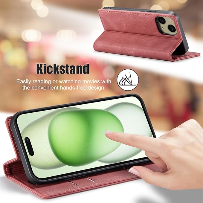 japezop iPhone 15 Plus 5G Wallet Case with RFID Blocking, Card Holder Kickstand Magnetic Leather Flip Case Wallet for iPhone 15 Plus 5G 6.7 Inch(Red)