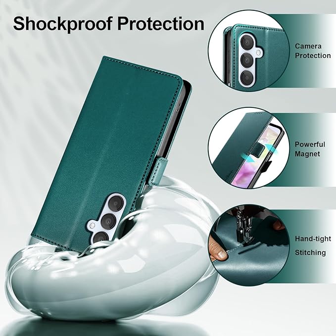 Wallet Flip Case for Samsung Galaxy A35 5G - [RFID Blocking] Luxury PU Leather Card Holder Magnetic Phone Cover with Kickstand,Shockproof Protective Case,Green