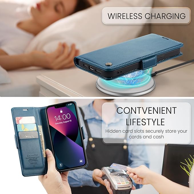 for iPhone 13 Case, Premium PU Leather Wallet Case Flip Cover with [RFID Blocking][Card Holder][Stand Function] Shockproof Protective for iPhone 13 6.1 inch, Blue