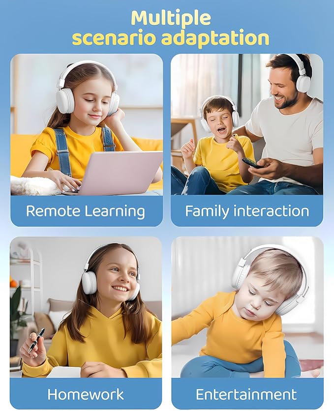 Kids Bluetooth Headphones, Over-Ear Wireless Headphones with Microphone, Safe-Volume 85dBA, Bluetooth 5.4, Foldable Lightweight and Comfortable, 50H Playtime, USB-C Charging, White