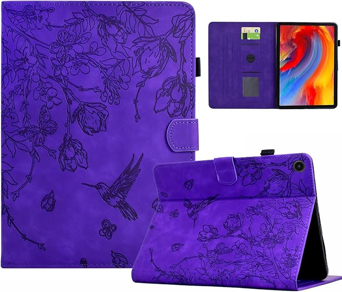 KEROM Case for Samsung Galaxy Tab A9+ Plus 11 Inch 2024 2023 (SM-X210/X216/X218), Embossed Suede Leather Folio Stand Cover with Auto Wake/Sleep & Card Slot & Pen Holder - Purple Bird Flower Embossing