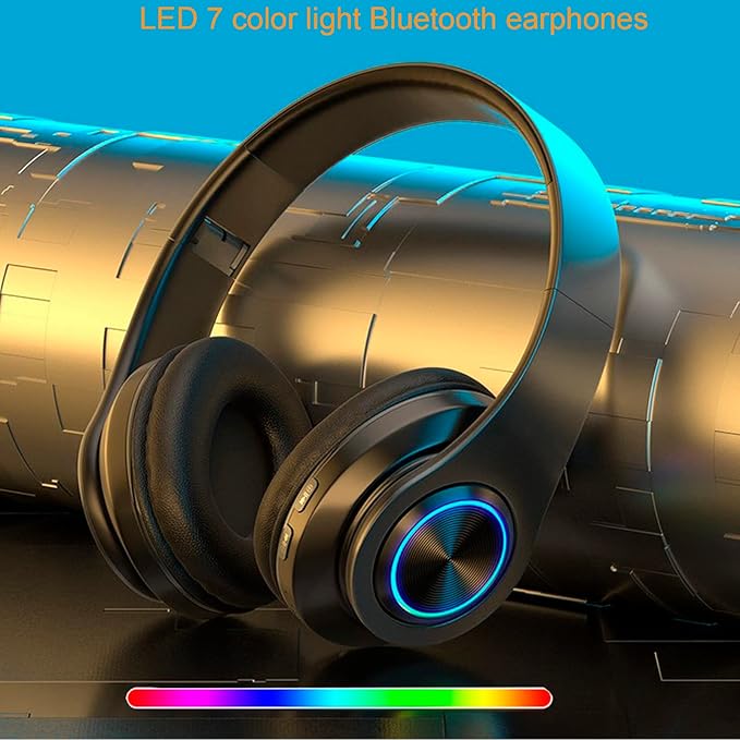 Wireless Bluetooth Headphones with Colorful LED Lights, Built-in Mic, Light Weight, Foldable, Wired HiFi Stereo Headphones for Classroom/Home Office/PC/Mobile Phone/Kids Adult (Black)