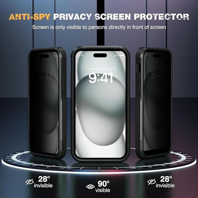 Diaclara Designed for iPhone 15 Plus Case, [with Privacy Screen Protector] [Anti Spy] [Military Grade Drop Protection] Heavy Duty Full-Body Shockproof Phone Case, Black