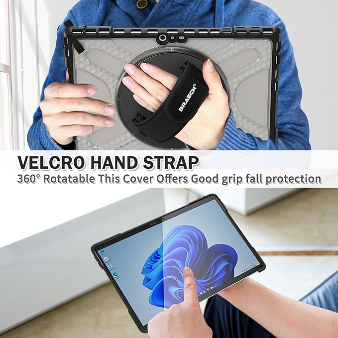 BRAECNstock for Microsoft Surface Pro 7+ Plus/ 7/6/ 5/4 Case 12.3 inch, Rugged Protective Cover with 360° Rotating Hand Strap & Stand, Pencil Holder, Compatible with Type Cover Keyboard, Clear