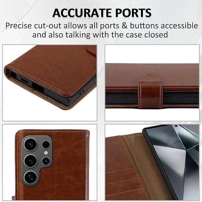 MONASAY Wallet Case Fit for Samsung Galaxy S24 Ultra 5G，[Lens & Glass Screen Protector] [RFID Blocking] Flip Folio Leather Cell Phone Cover with Credit Card Holder, 6.8 inch, Brown