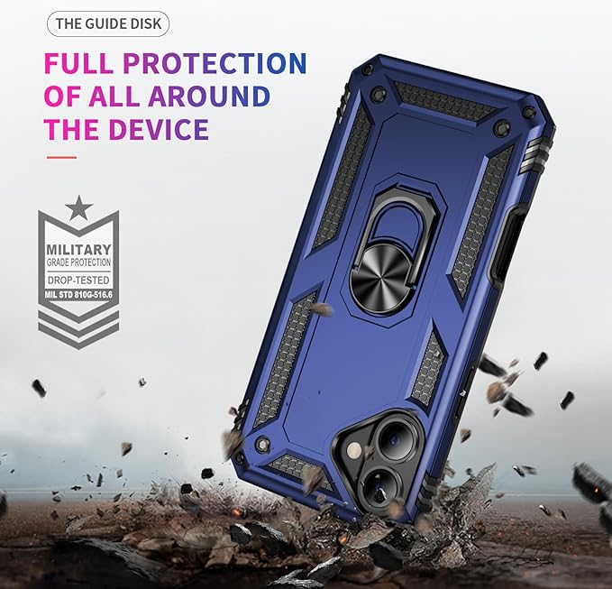 ADDIT Compatible with iPhone 17 Case with Tempered Glass Screen Protector, Adjustable Kickstand Ring, Military-Grade Heavy Duty Protection, Shockproof, Anti-Fingerprint,Blue