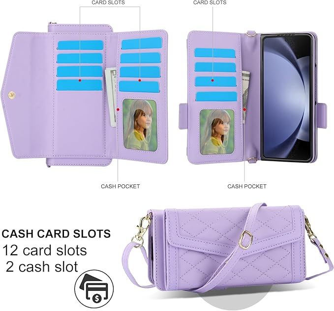 for Samsung Galaxy Z Fold 7 Wallet Case - Stitching Pattern RFID Blocking Card Holder, S Pen Slot Crossbody Strap, Full Body Protection Flip Cover for Women Purple