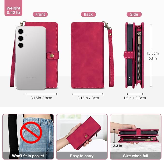TwoHead for Samsung Galaxy S24 Wallet Case with Card Holder,Detachable Magnetic Phone Case for Galaxy S24,PU Leather Shockproof Protective Phone Cover Wallet with Wrist Strap(6.1 in,Wine Red)