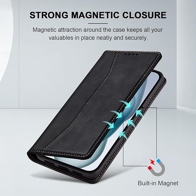 Jasonyu Flip Wallet Case for iPhone 15,Leather Magnetic Folio Cover with Card Holder,Kickstand - TPU Shockproof Durable Protective Phone Case,Black