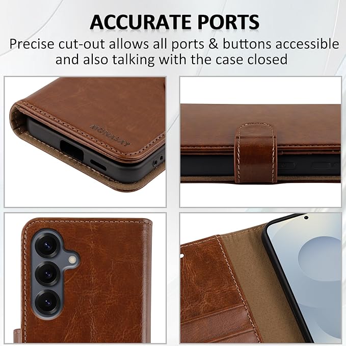 MONASAY Wallet Case Fit for Samsung Galaxy S25 5G, [Lens & Glass Screen Protector Included] [RFID Blocking] Flip Folio Leather Cell Phone Cover with Credit Card Holder, 6.2 inch, Brown