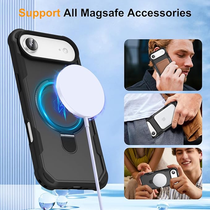 Compatible with iPhone 17 Air Case with Invisible Magnetic Ring Stand [Compatible with Magnetic] [Military Drop Protection] Shockproof Slim Hard Back Soft Edge Case 6.6 Inch, Black