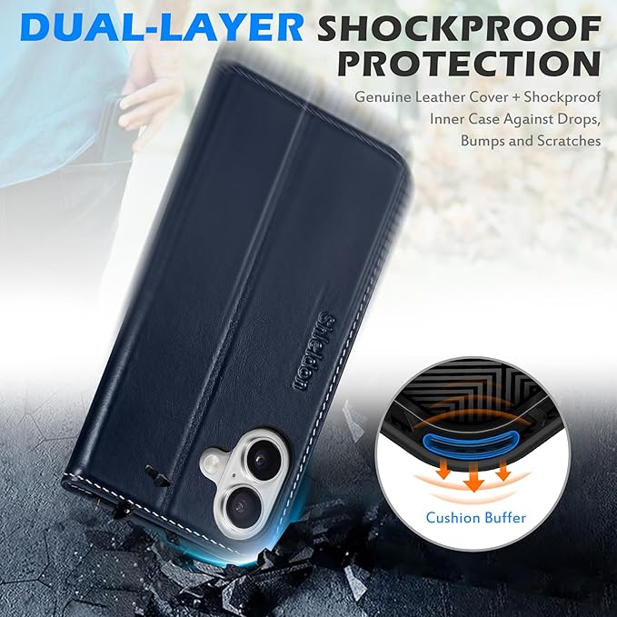 SHIELDON Wallet Case for iPhone 16 5G 2024, Genuine Leather Folio Book Magnetic Closure RFID Blocking Card Slots Kickstand Full Protection Case Compatible with iPhone 16 6.1" - Retro Dark Blue