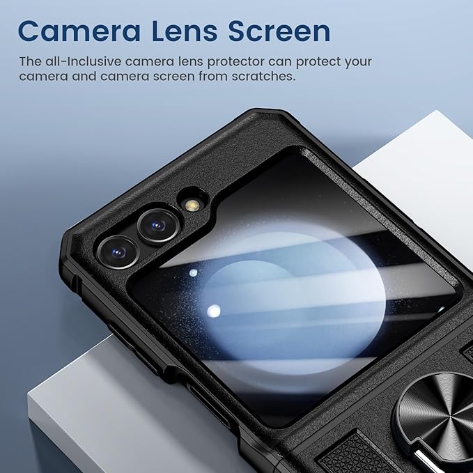 VEGO for Galaxy Z Flip 5 Case with Stand, 360°Ring Magnetic Ring Kickstand & Belt Clip Holster & Camera Screen Protector & Hinge Protection, Shockproof Cover - Black