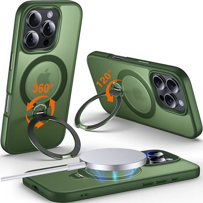 360° O-Ring MagStander for iPhone 16 Pro Max Case with Magnetic Kickstand Ring Holder [Compatible with MagSafe][360°Rotate Stand][Military Shockproof] iPhone 16 Pro Max Phone Cover Green