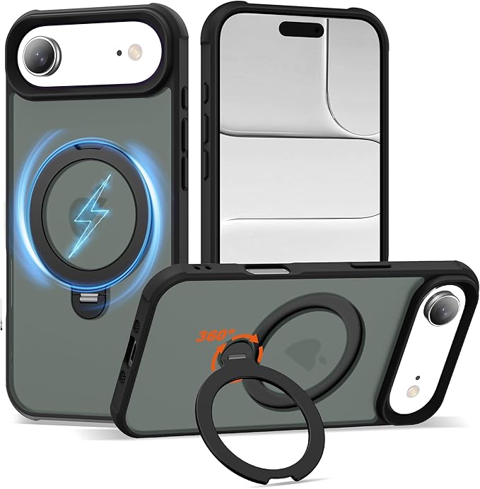Compatible with iPhone 17 Air Case with Invisible Magnetic 360°Spin Stand,Military-Grade Shockproof Protection [Compatible with Mag-Safe] Non-Slip Edge Translucent Case (6.5",Black)