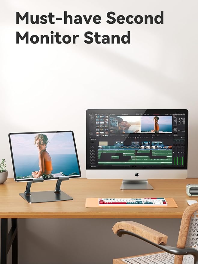 tounee Tablet Holder Stand, Dual Rod Adjustable Aluminum Desktop Stand, Compatible with 4.7-16.5" iPads, Surface Tablets, Portable Monitors, Kindle & More (Gray)