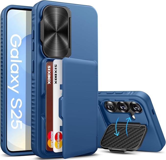 for Samsung Galaxy S25 Case with Card Holder, Built-in Stand & Camera Lens Cover, Shockproof Rugged Silicone Raised Edge Protective Wallet Protective Phone Case for Samsung S25 5G 2025, Blue