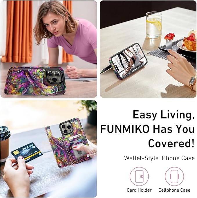 FUNMIKO for iPhone 15 Pro Wallet Case with Card Holder, RFID-Blocking, Military-Grade Protection & UV-Printed Artwork, Magnetic Closure with Leather Kickstand - Vibrant Elegant Butterfly