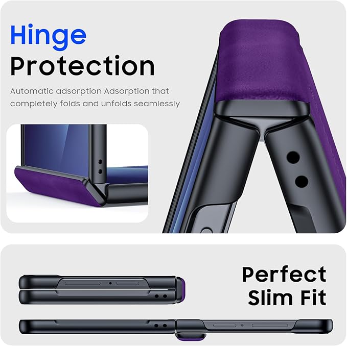 for Samsung Galaxy Z Flip 7 Case with Hinge Protection & Built-in Screen Protector, Ultra Thin Stylish Leather Matte PC Durable Shockproof Cover Phone Case for Galaxy Z Flip 7-Purple