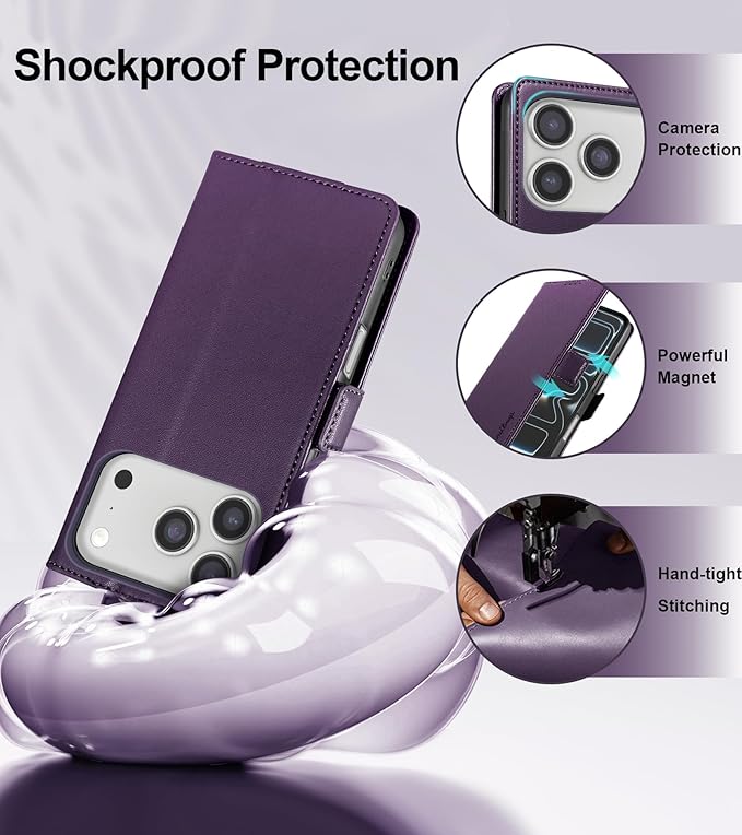 Wallet Flip Case for iPhone 17 Pro 5G - [RFID Blocking] Luxury PU Leather Card Holder Magnetic Phone Cover with Kickstand,Shockproof Protective Case,Purple