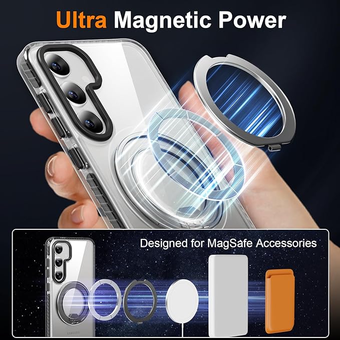 for Samsung Galaxy S24+ (Plus) Case,Compatible with Magsafe with 360°Rotatable Magnetic Ring Stand [Wireless Charging], Clear Slim Soft Edge Phone Kickstand,Clear & Black