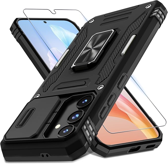 DEERLAMN Case for Samsung Galaxy S24 FE 6.7-Inch with Slide Camera Cover+Screen Protector(1 Pack), Rotated Ring Kickstand Military Grade Shockproof Protective Cover-Black