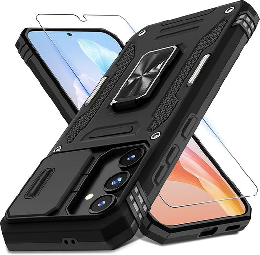 DEERLAMN Case for Samsung Galaxy S24 FE 6.7-Inch with Slide Camera Cover+Screen Protector(1 Pack), Rotated Ring Kickstand Military Grade Shockproof Protective Cover-Black