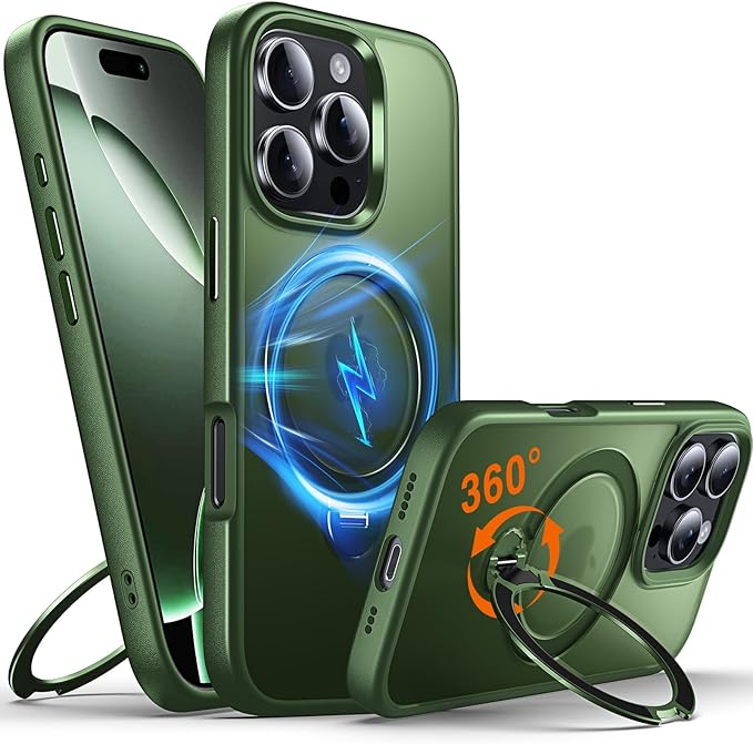 360° O-Ring MagStander for iPhone 16 Pro Case with Magnetic Kickstand Ring Holder [Compatible with MagSafe][360°Rotate Stand Ring][Military Shockproof] iPhone 16 Pro Phone Cover Matte Green