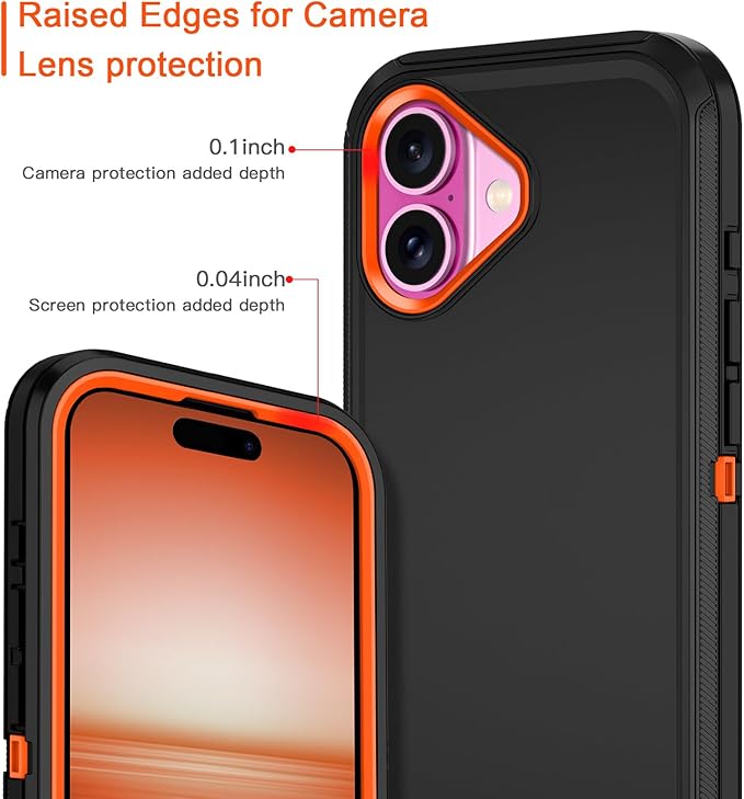 for iPhone 16 Plus Case Shockproof Dust/Drop Proof 3-Layer Full Body Protection [Without Screen Protector] Rugged Heavy Duty Cover Case for Apple iPhone 16 Plus 6.7" 2024,Black/Orange