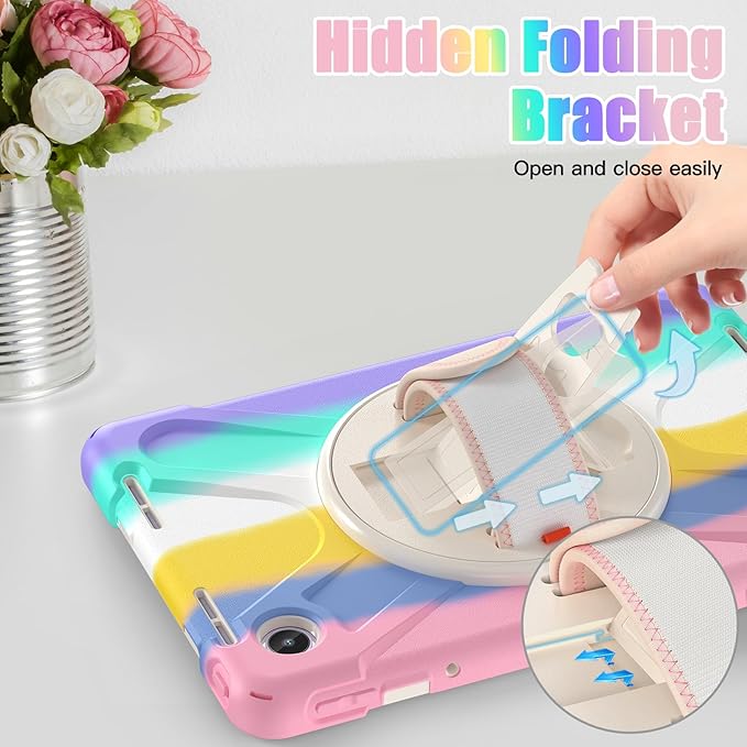 TSQQST Case for Lenovo Tab M11/ K11 LTE 2024 TB-330FU/TB330XU for Kids Girls, Full Body Drop Proof Case for Lenovo Xiaoxin Pad 2024 (TB331FC), 360° Rotate Stand &Hand Strap | Colorful Pink