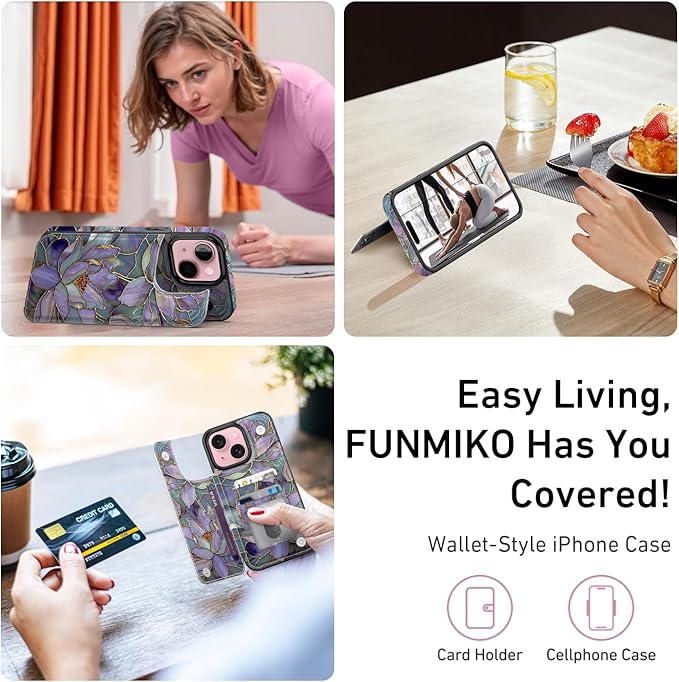 FUNMIKO for iPhone 14 Wallet Case with Card Holder, RFID-Blocking, Military-Grade Protection & UV-Printed Artwork, Magnetic Closure with Leather Kickstand - Dreamy Lotus