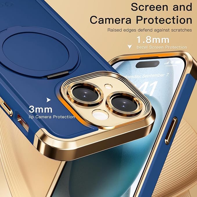 COOLQO for iPhone 13 Case 6.1'' Upgraded 360° Spin Magnetic Stand [Compatible with Magsafe][Military Protection] Plating Matte Scratch-Resistant Back Protective Shockproof Phone Case, Blue Gold