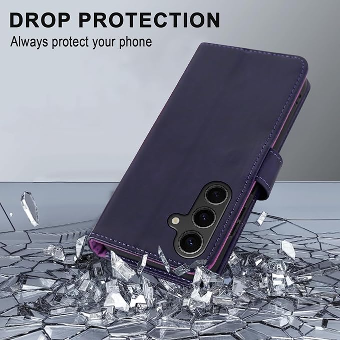 MONASAY Wallet Case Fit for Samsung Galaxy S24 5G, [Lens & Glass Screen Protector Included] [RFID Blocking] Flip Folio Leather Cell Phone Cover with Credit Card Holder, 6.2 inch, Purple